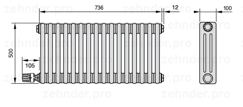 Схема (чертеж) Радиатор Zehnder Charleston 3050/16 №V003 Белый глянцевый RAL 9016